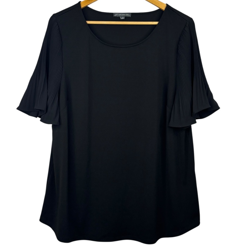 Adrianna Papell Black Short Accordion Pleat Sheer Sleeve Scoop Neck Blouse 1X